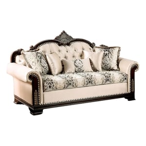 Pemberly Row 87 Inch Sofa Nailhead in Beige Rolled Arms Cherry Brown Wood