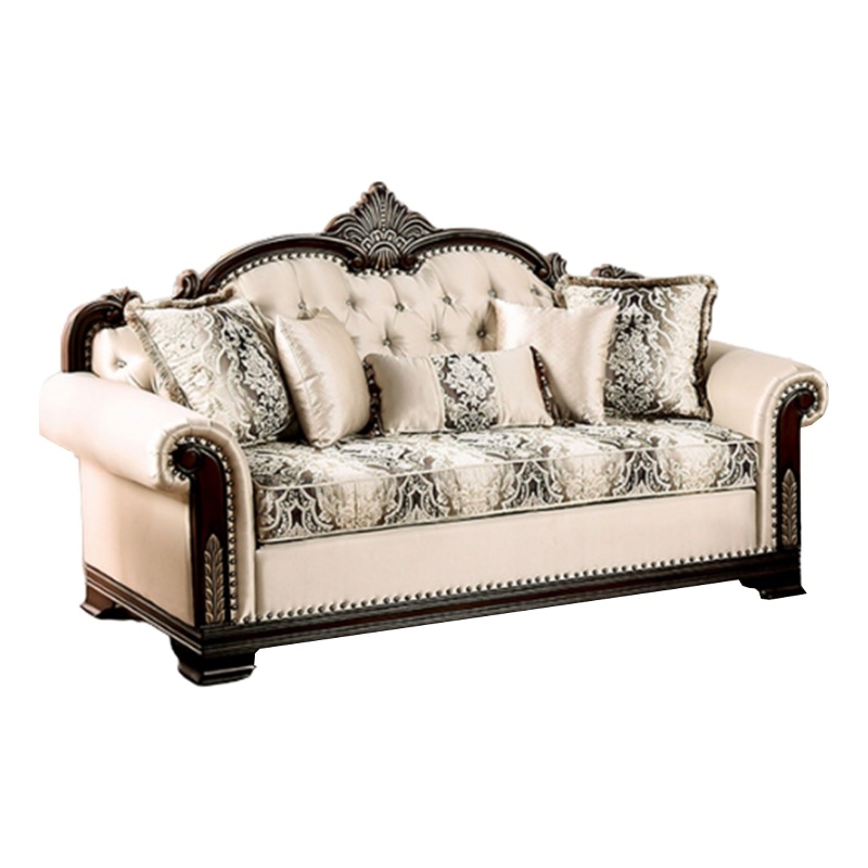 Pemberly Row 87 Inch Sofa Nailhead in Beige Rolled Arms Cherry Brown Wood