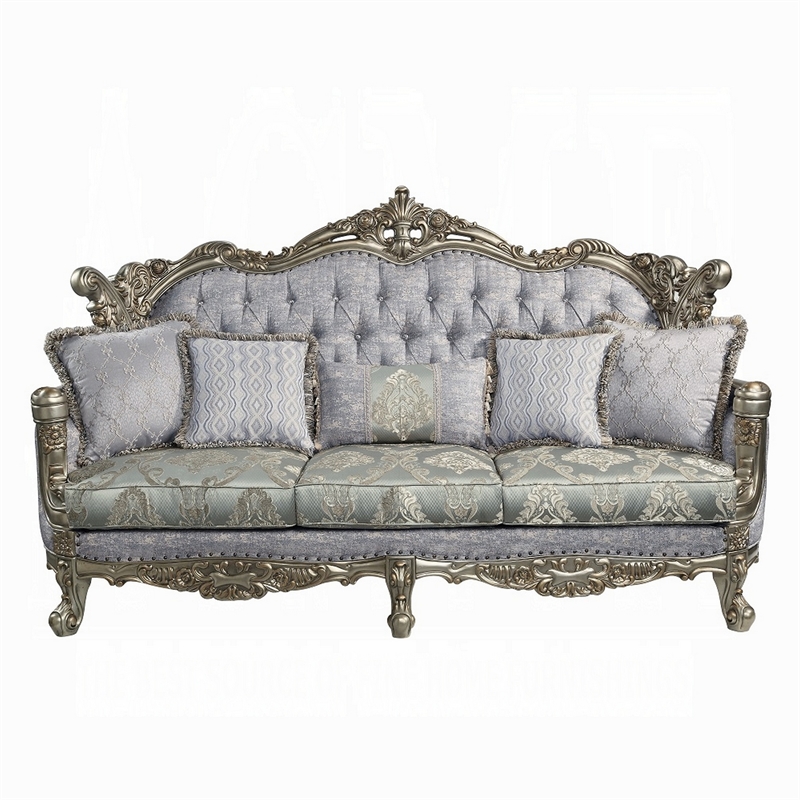 Pemberly Row 91 Inch Sofa 5 Throw Pillows in Gray Fabric Antique Bronze Wood