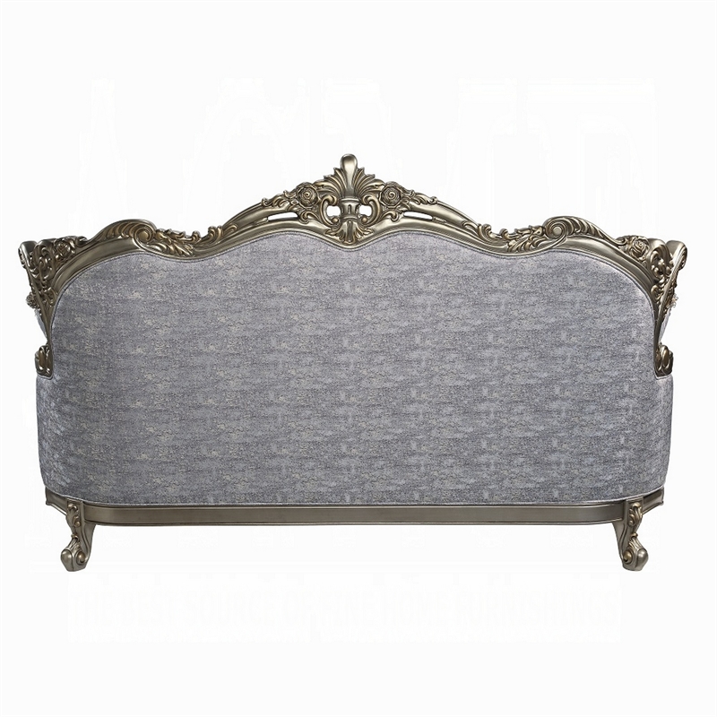 Pemberly Row 91 Inch Sofa 5 Throw Pillows in Gray Fabric Antique Bronze Wood