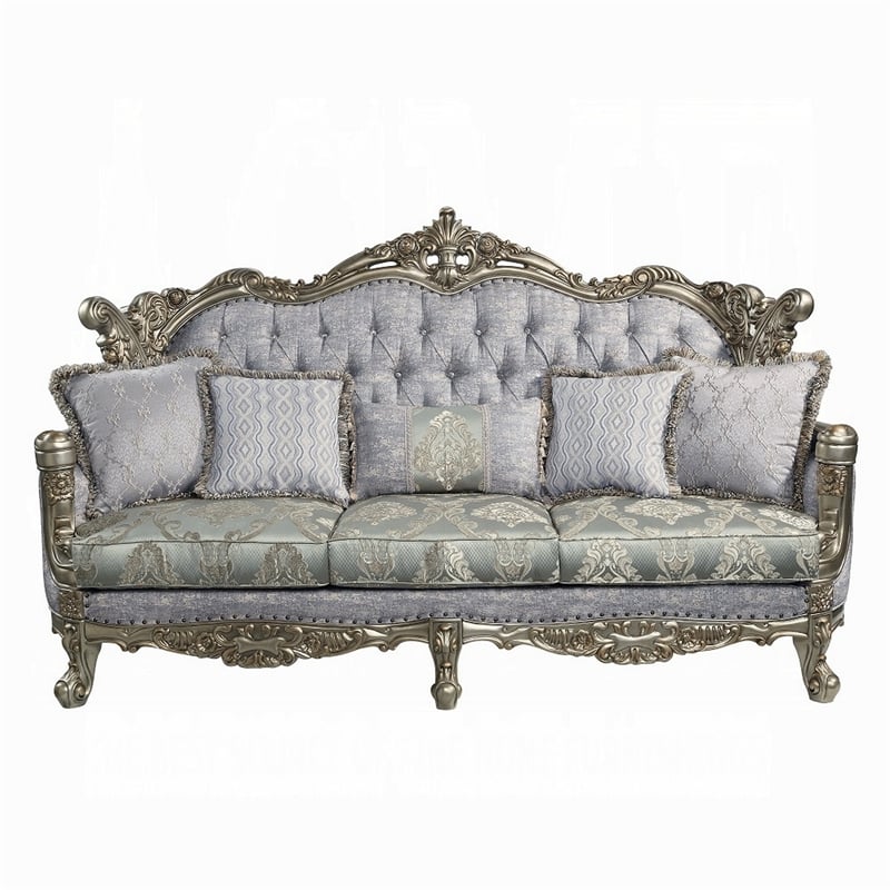 Pemberly Row 91 Inch Sofa 5 Throw Pillows in Gray Fabric Antique Bronze Wood