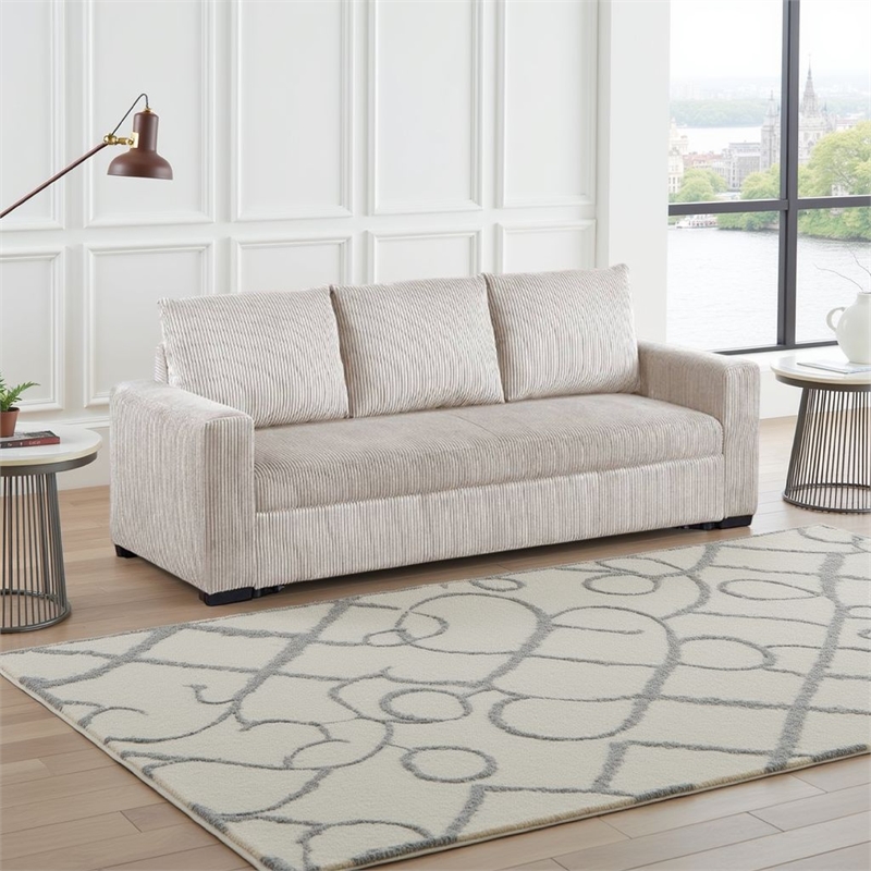 Pemberly Row 85 Inch Convertible Sofa Bed Low Profile Leg Ivory Corduroy