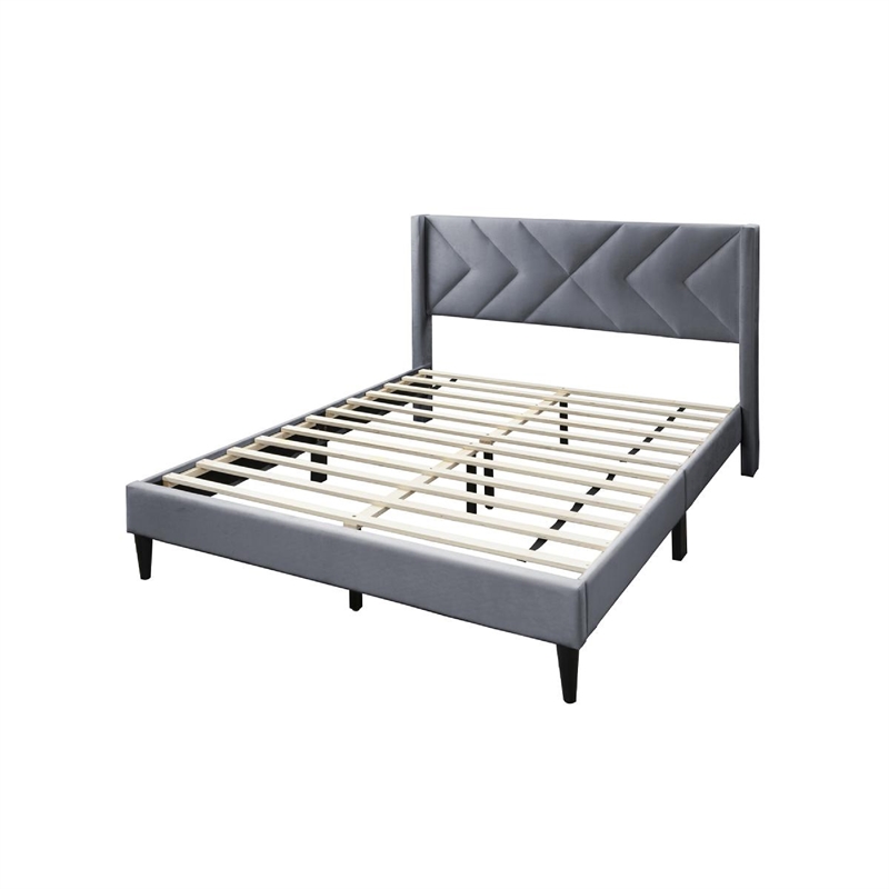 Pemberly Row Queen Size Bed Modern X Channel Tufted Gray Velvet Upholstery