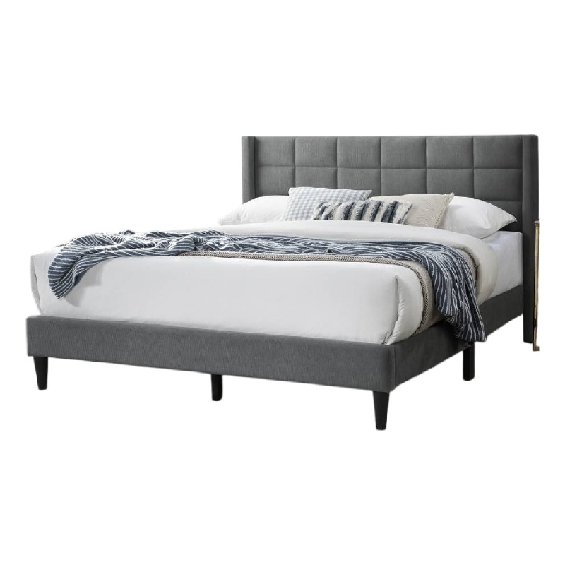 Pemberly Row Queen Size Bed Square Stitched Slate Gray Linen Upholstery