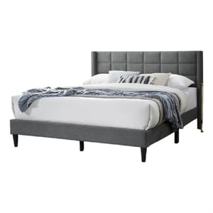 Pemberly Row Queen Size Bed Square Stitched Slate Gray Linen Upholstery