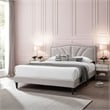 Pemberly Row Queen Size Bed Light Brown Burlap Upholstered Curved Headboard