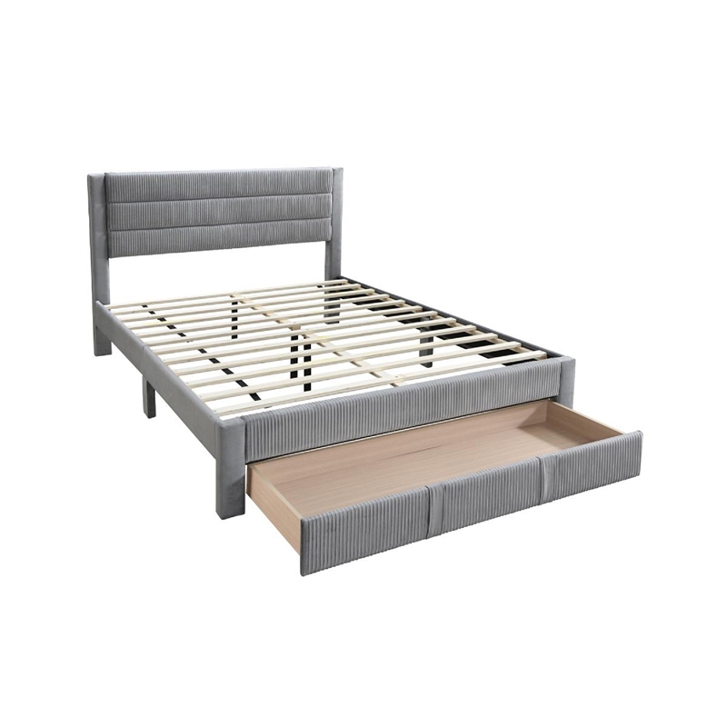 Pemberly Row Queen Size Bed with Storage Drawer Light Gray Corduroy Upholstery