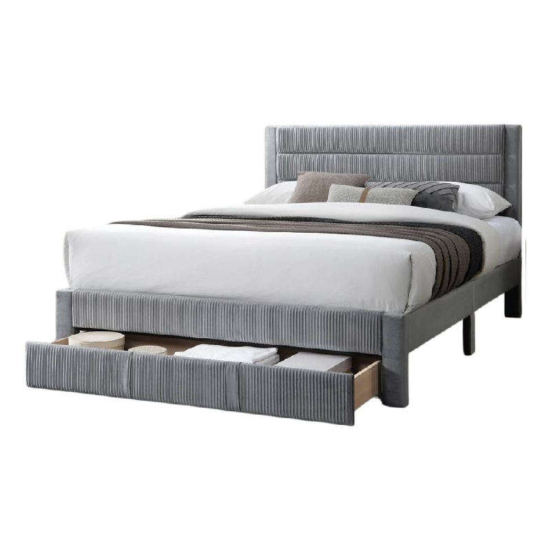 Pemberly Row Queen Size Bed with Storage Drawer Light Gray Corduroy Upholstery