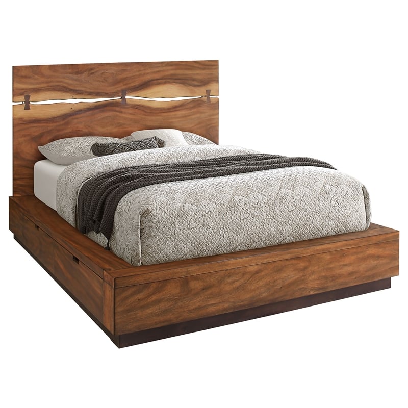 Pemberly Row King Size Storage Bed Live Edge Panel Headboard Walnut Brown Wood