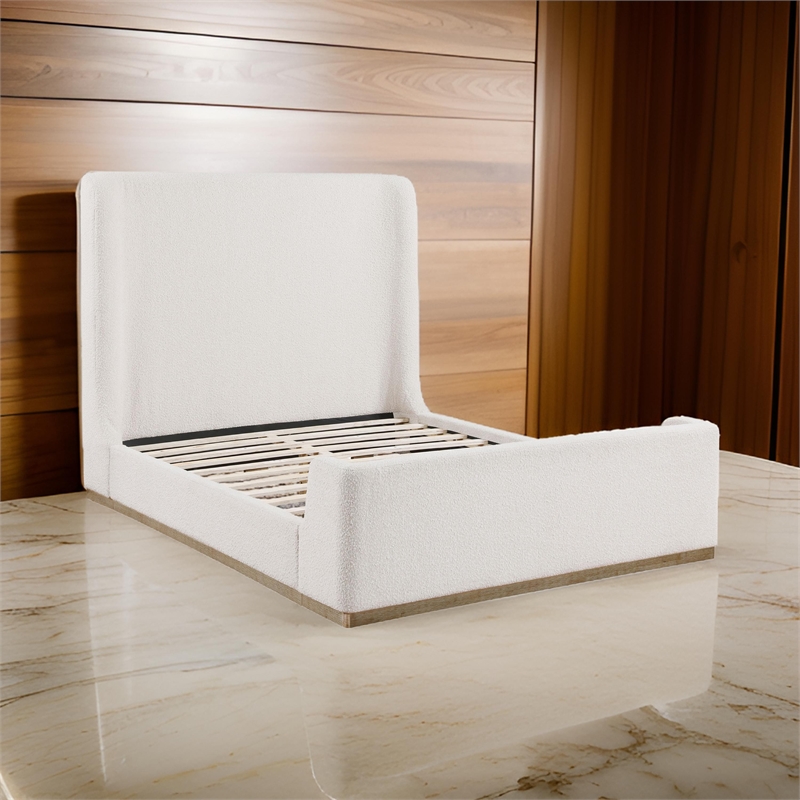 Pemberly Row Queen Size Platform Bed Round Wingback Headboard Ivory Upholstery