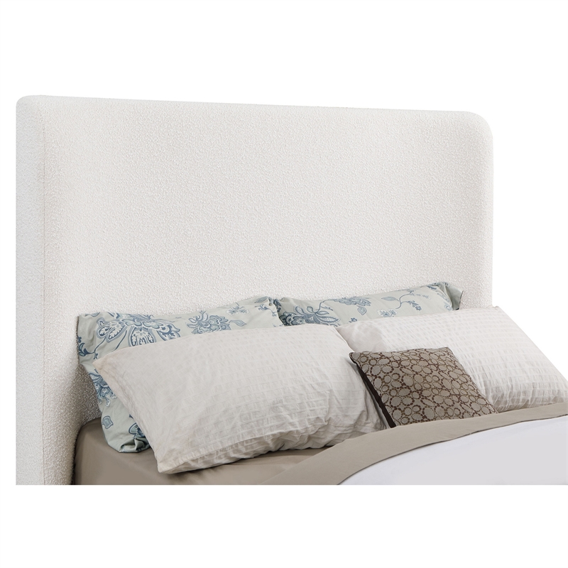 Pemberly Row Queen Size Platform Bed Round Wingback Headboard Ivory Upholstery