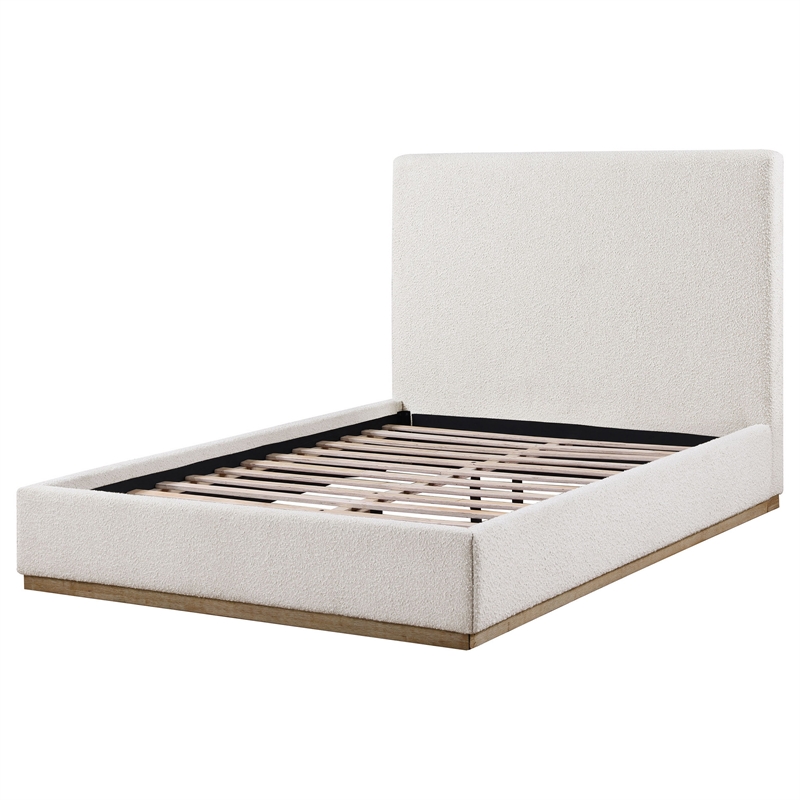 Pemberly Row King Size Bed Upholstered Panel Headboard Gold Plinth Base Ivory