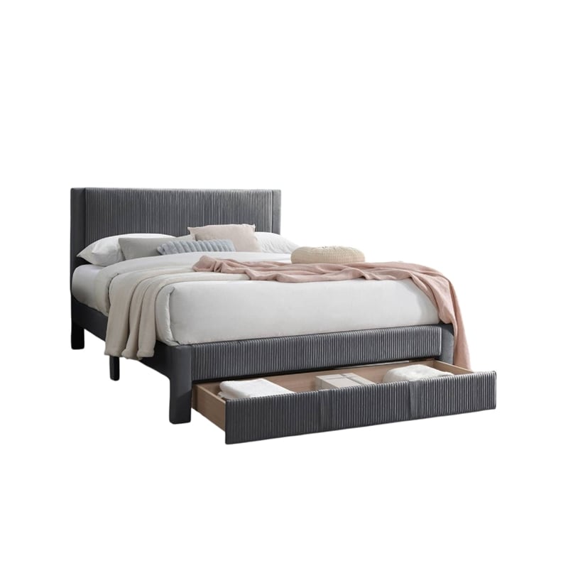 Pemberly Row Queen Size Bed w/ Storage Drawer Charcoal Gray Corduroy Upholstery
