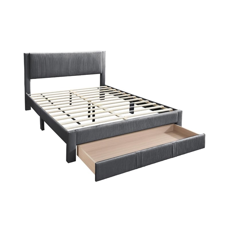 Pemberly Row Queen Size Bed w/ Storage Drawer Charcoal Gray Corduroy Upholstery