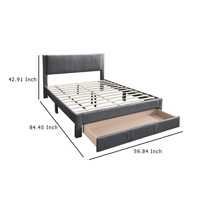 Pemberly Row Queen Size Bed w/ Storage Drawer Charcoal Gray Corduroy Upholstery