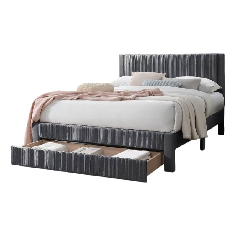 Pemberly Row Queen Size Bed w/ Storage Drawer Charcoal Gray Corduroy Upholstery
