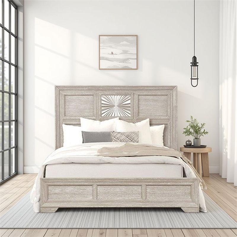 Pemberly Row Queen Bed Sunburst Pattern Recessed Panel Light Gray Wood