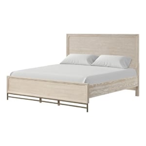 Pemberly Row King Bed with Panel Style Headboard Metal Legs Light Oak Wood