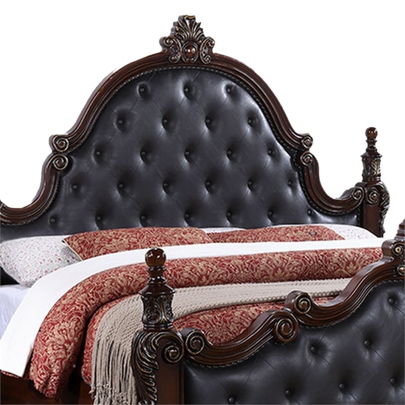 Pemberly Row Queen Bed Black Button Tufted Upholstery Cherry Brown Wood