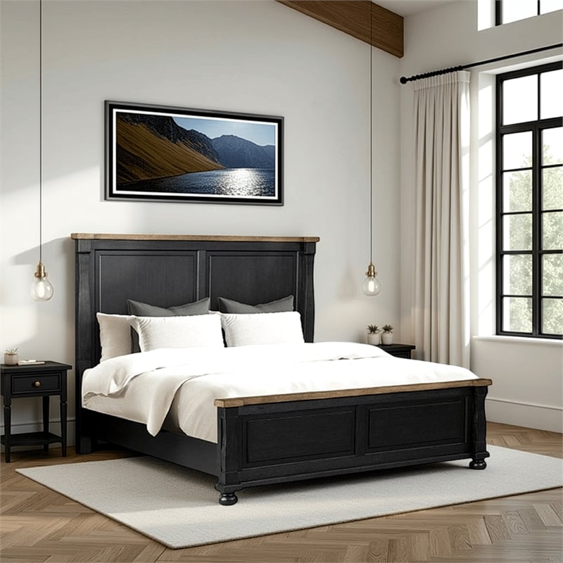 Pemberly Row Queen Bed Tall Headboard Farmhouse Legs in Black Oak Brown Wood