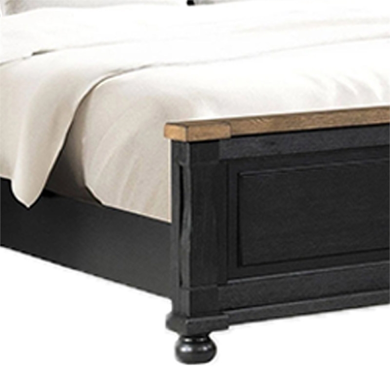 Pemberly Row Queen Bed Tall Headboard Farmhouse Legs in Black Oak Brown Wood