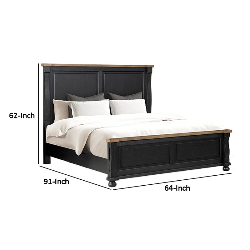 Pemberly Row Queen Bed Tall Headboard Farmhouse Legs in Black Oak Brown Wood