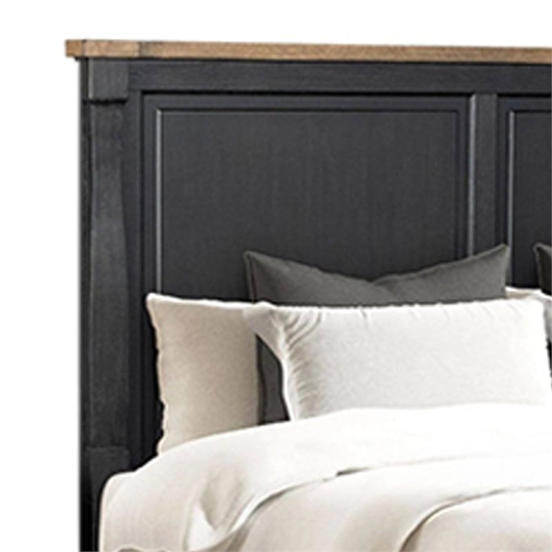 Pemberly Row Queen Bed Tall Headboard Farmhouse Legs in Black Oak Brown Wood