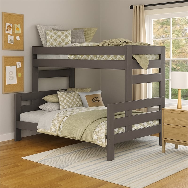 Pemberly Row Twin Full Bunk Bed with Ladder Brazilian Pine Gray Solid Wood