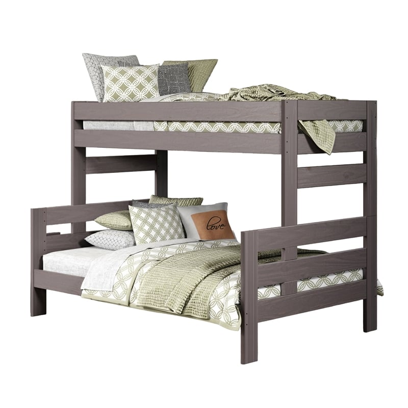 Pemberly Row Twin Full Bunk Bed with Ladder Brazilian Pine Gray Solid Wood