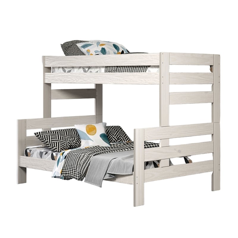 Pemberly Row Twin Full Bunk Bed with Ladder Brazilian Pine White Solid Wood