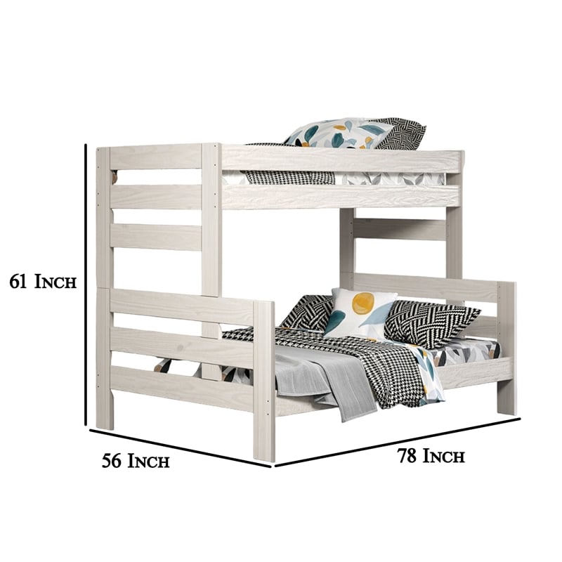 Pemberly Row Twin Full Bunk Bed with Ladder Brazilian Pine White Solid Wood