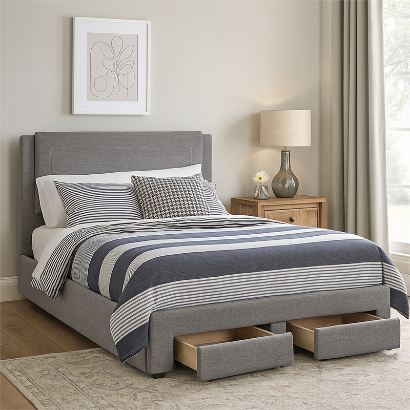Pemberly Row Queen Size Bed with Storage Footboard Gray Faux Linen Upholstery