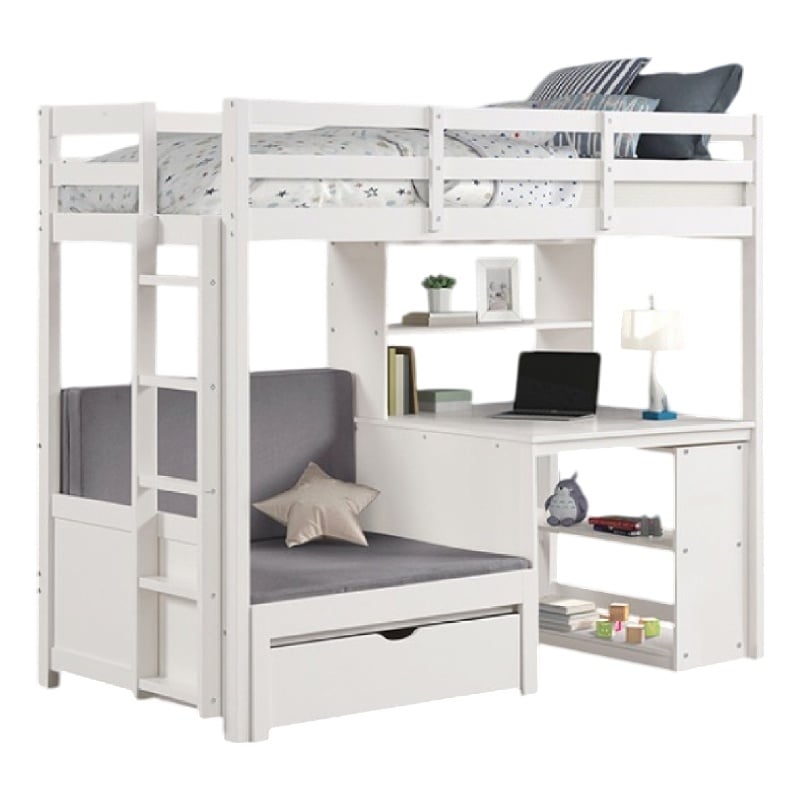 Pemberly Row Twin Loft Bed with Writing Desk Shelf Unit White Pine Wood