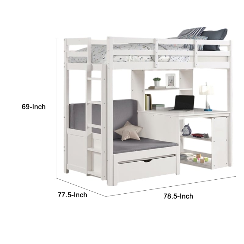 Pemberly Row Twin Loft Bed Bookcase and Desk Shelf Unit White Pine Wood