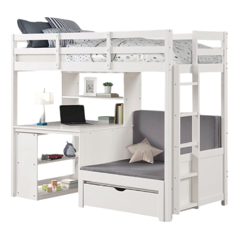 Pemberly Row Twin Loft Bed Bookcase and Desk Shelf Unit White Pine Wood