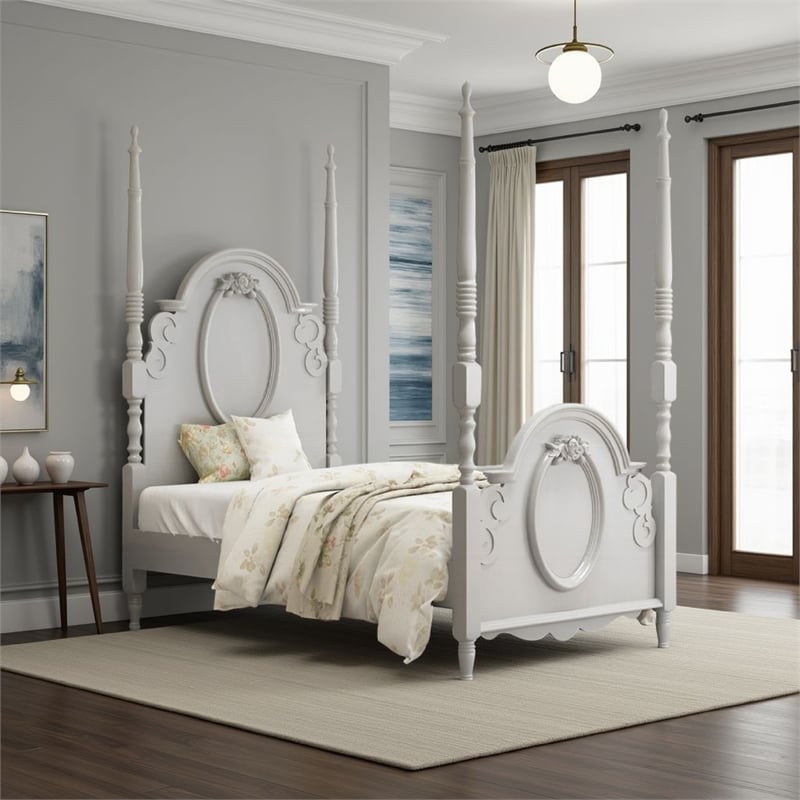 Pemberly Row Twin Size Poster Bed Arch Headboard Classic Floral Motifs Gray