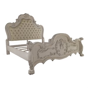 Pemberly Row California King Size Bed White Faux Leather Victorian Carved