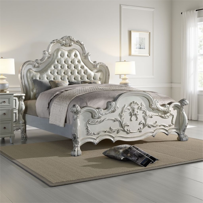 Pemberly Row King Bed Classical White Faux Leather Victorian Carved Wood