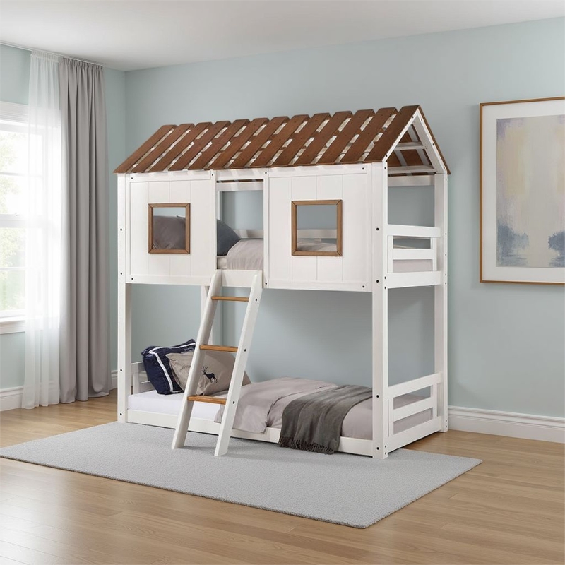 Pemberly Row Twin Size Bunk Bed House Design with Ladder White Rustic Wood