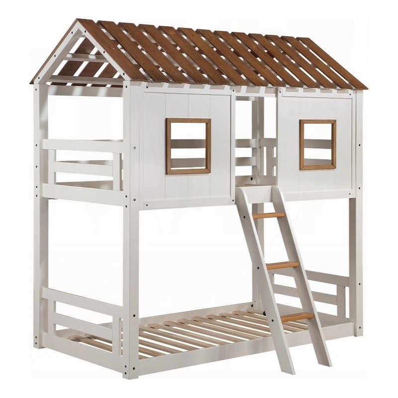 Pemberly Row Twin Size Bunk Bed House Design with Ladder White Rustic Wood