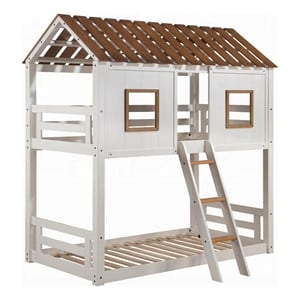 Pemberly Row Twin Size Bunk Bed House Design with Ladder White Rustic Wood