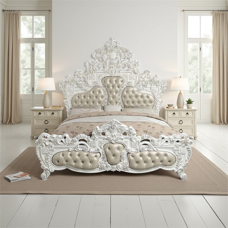 Pemberly Row King Size Bed Ornate Vintage White Tufted Beige Faux Leather