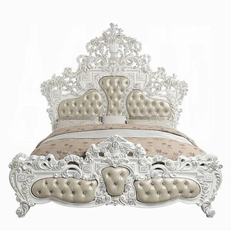 Pemberly Row King Size Bed Ornate Vintage White Tufted Beige Faux Leather