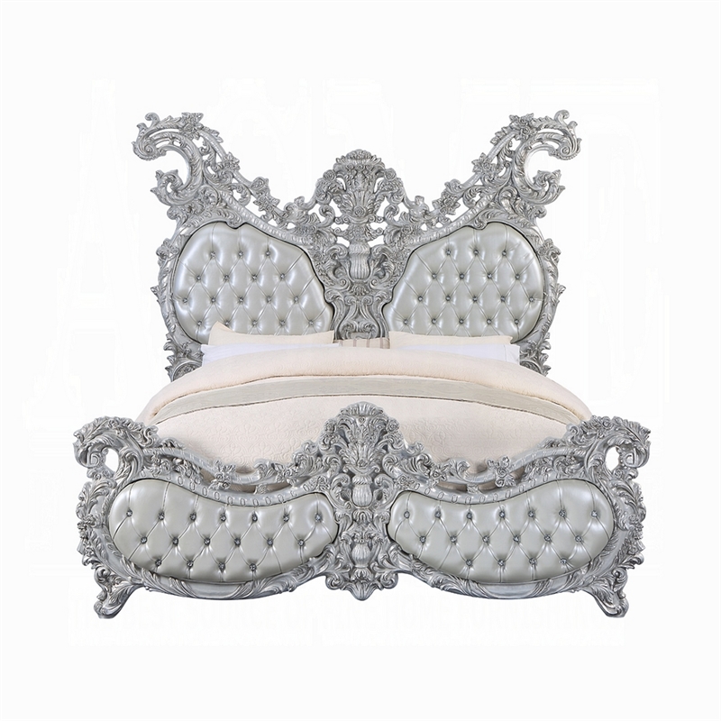 Pemberly Row King Size Bed Ornate Carving Platinum Faux Leather Upholstery