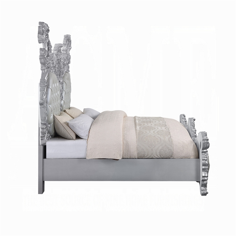 Pemberly Row King Size Bed Ornate Carving Platinum Faux Leather Upholstery