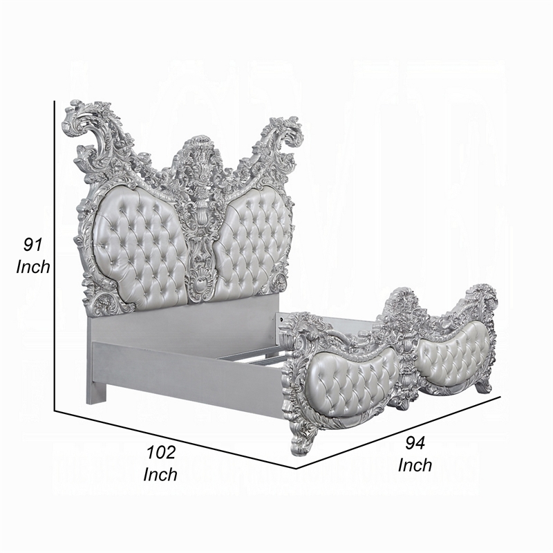 Pemberly Row King Size Bed Ornate Carving Platinum Faux Leather Upholstery