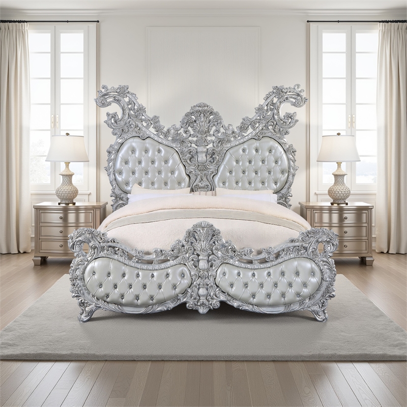 Pemberly Row King Size Bed Ornate Carving Platinum Faux Leather Upholstery