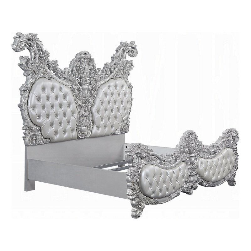 Pemberly Row King Size Bed Ornate Carving Platinum Faux Leather Upholstery