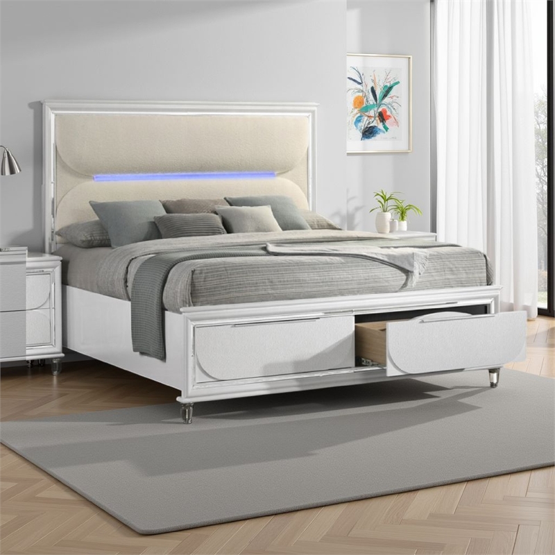 Pemberly Row King Size Bed 2 Storage Drawers LED White Boucle Upholstery