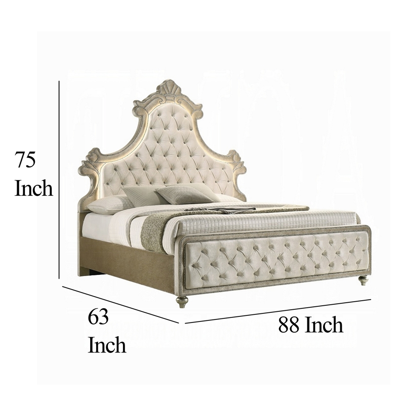 Pemberly Row Queen Size Bed LED Lights Beige Velvet Upholstery Brown Wood